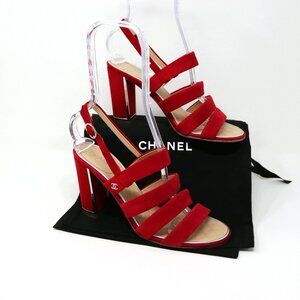 CHANEL 38 Red Suede Multi Strap CC Sandal High Heel Silver Logo & Trim